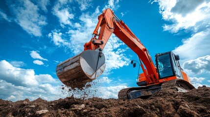 Excavator Digging Soil Against a Blue Sky