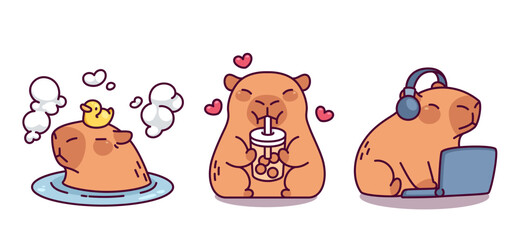Capybara kawaii mascots set isolated on white background. Contemporary vector cartoon illustration of cute animal character enjoying warm foamy bath, drinking bubble tea, listening music on laptop