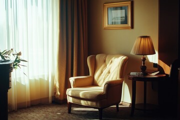 A chair sits next to a lamp in front of a window, perfect for indoor scenes or office settings