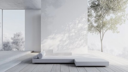 Minimalist white interior featuring a sofa on wooden flooring decorative elements on a large wall and a white landscape visible through the window 3D rendering