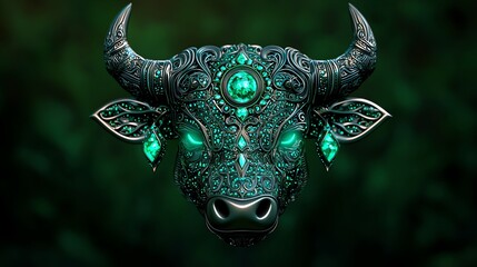 Fototapeta premium An ornate bull head adorned with intricate patterns and glowing emerald accents, set against a deep green background.