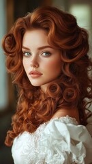 Fototapeta premium Radiant woman with vintage curls poses elegantly in a timeless, softly lit setting, exuding grace and charm.