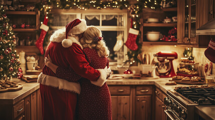 Santa and Mrs. Claus share a loving embrace in a cozy, festive kitchen filled with the sweet aroma...