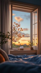 morning light from the window of cozy bed room