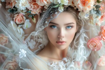 Naklejka premium A bride surrounded by fresh flowers, ideal for wedding or romantic themed images
