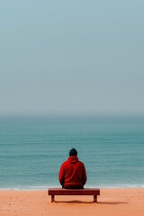 Solitary Figure on a Bench Facing the Ocean