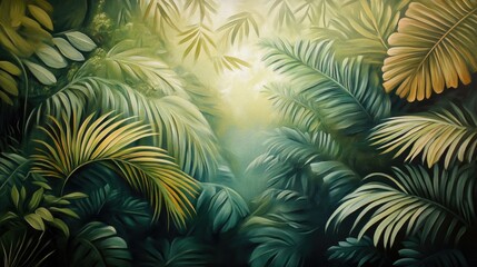Oil painting depicting lush green leaves in a tropical forest showcasing a nature inspired theme and vibrant background