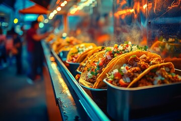 Delicious tacos served on a vibrant street food stall. The warm colors and fresh ingredients create an inviting atmosphere. Perfect for food lovers. Generative AI