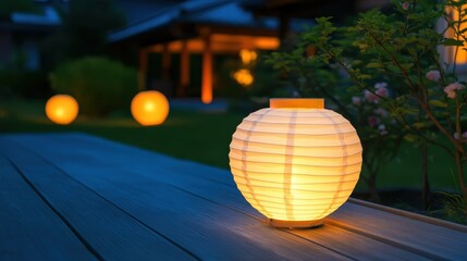 Fototapeta premium A serene evening scene featuring illuminated paper lanterns in a tranquil garden setting, creating a warm and inviting atmosphere.