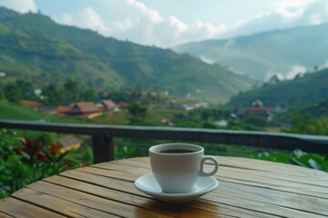 A cup of coffee sits on a wooden table with a rustic background
