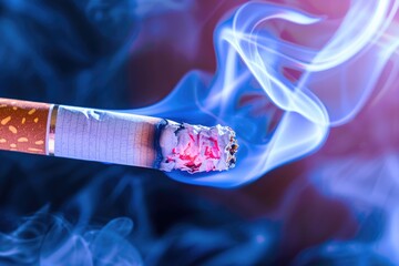 A close-up shot of a lit cigarette with smoke curling up from the end