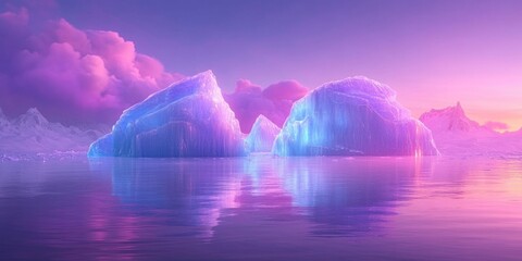 Massive icebergs featuring dark mineral streaks float in a glacial lagoon, with melting ice creating a softly blurred foreground in the late afternoon light