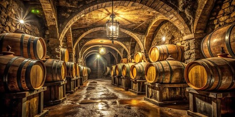 Obraz premium A dimly lit stone vaulted cellar filled with rows of wooden barrels, each a testament to the rich history and artistry of winemaking.