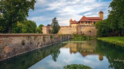 A serene river runs through a picturesque park next to a majestic castle, perfect for outdoor scenery or historical settings