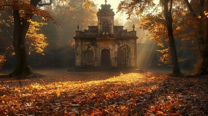 Autumnal Chapel in the Forest: Golden Light and Fallen Leaves