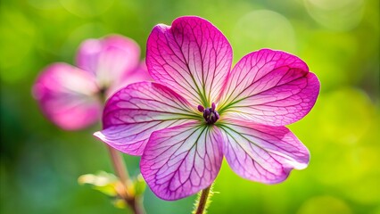 Fototapeta premium A Delicate Bloom With Vivid Pink Hues And White Veins, Displaying a Striking Contrast Against a Soft Green Background