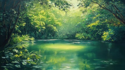 Fototapeta premium Oil painting depicting a serene green lake surrounded by lush scenery capturing the essence of a tranquil outdoor retreat