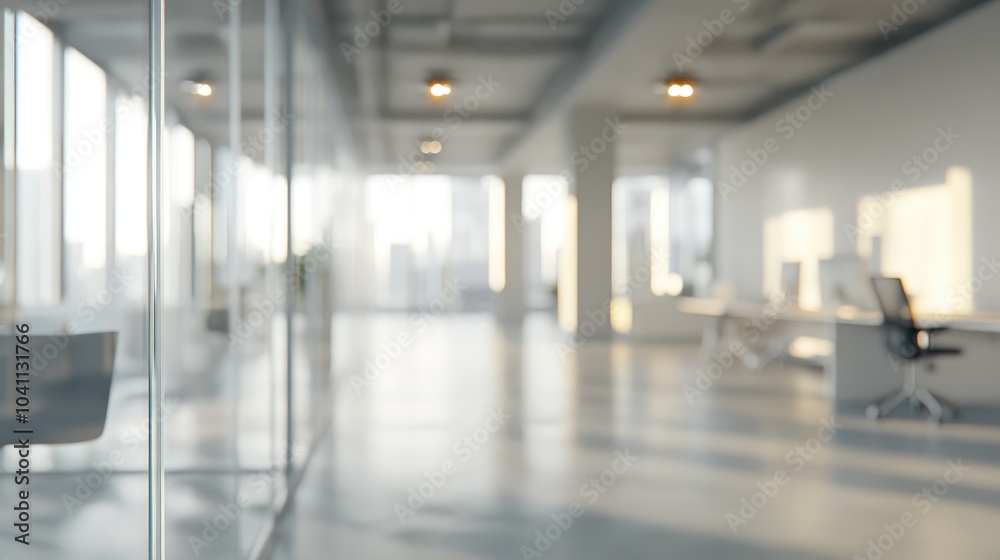 Poster 3d rendering of a blurred empty office space with abstract light bokeh in the interior background