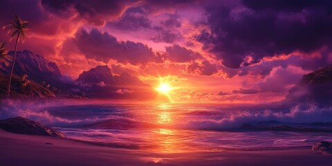 Summer evening view of the ocean coastline near a beach, Coastal sunset view of the beach