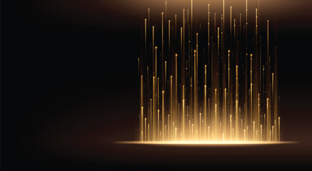 Vertical flare of golden light on black background. Realistic vector illustration of dark bg with striking visual effect. Luxury design banner with shimmering upward lines with sparkling glitter.
