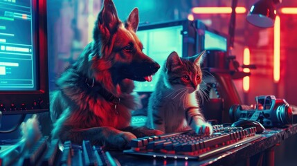 A Dog and a Cat Playing Video Games in a Neon Lit Room