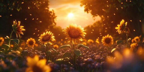 Fototapeta premium Sunflowers flourishing in a vibrant field, cultivated and offered for charitable purposes, Sunflowers thriving in a colorful field for charitable initiatives