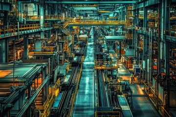 A vast industrial warehouse with intricate machinery. Bright lights illuminate the space. Perfect for showcasing modern manufacturing and technology. Generative AI