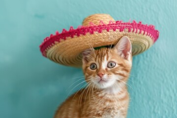 A feline friend wearing a colorful sombrero