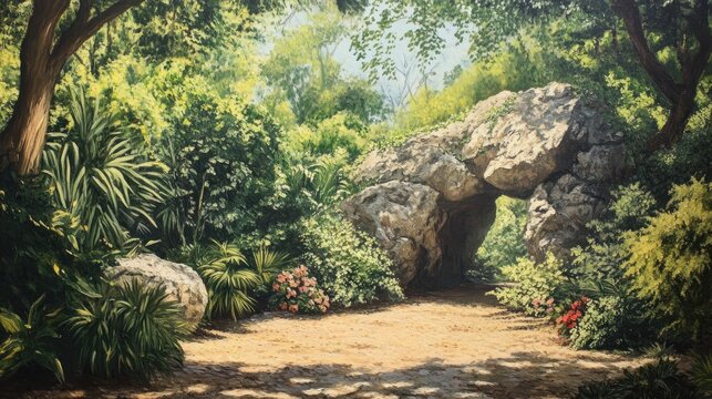 Oil painting depicting a rock formation in a lush garden featuring an empty area suitable for nature themed content