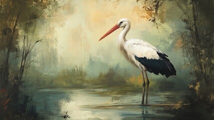 Oil painting of a stork in a natural setting showcasing the bird s elegance and grace in a tranquil environment