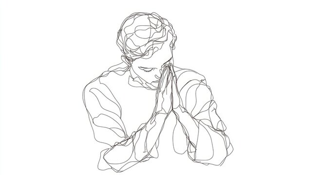 recommend clip art: Continuous line art illustration of a man in prayer A single fluid line depicts a Christian man with hands folded in devotion Isolated on a white background