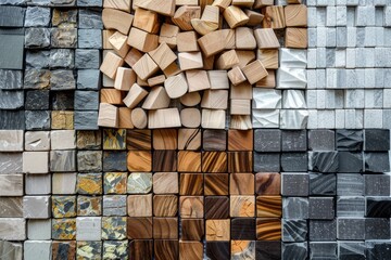 A collection of wooden blocks stacked high, potentially used for building or creative play