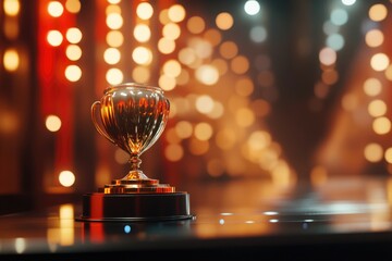 A golden trophy sits atop a table, ready for display or presentation