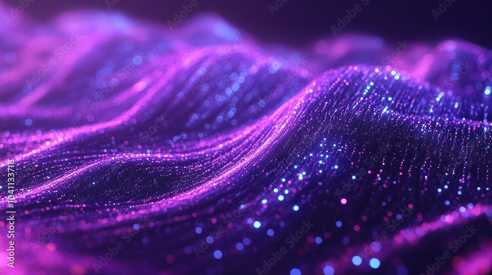 Poster flowing particle stream on a vibrant purple backdrop filled with luminous particles abstract design 