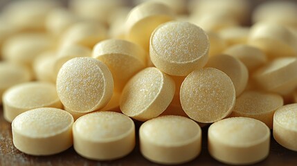 Close-up view of yellow tablets piled on a wooden surface in a well-lit indoor setting
