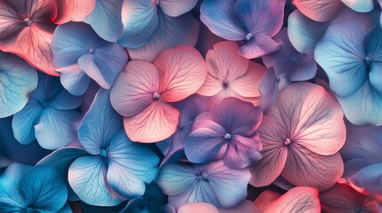 Close-Up of Pink and Blue Hydrangea Petals with Soft Gradient Lighting, Dreamy Floral Arrangement, Nature-Inspired Art, Delicate Blossom Details, Pastel Flower Aesthetic, Romantic Floral Display