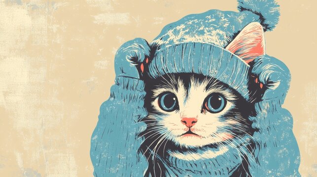 Cute kitten in a blue whimsical hat playfully preparing for a chilly winter day