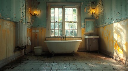 Abandoned Bathroom with Peeling Paint and Sunlight