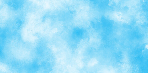 Creative vintage light sky blue background with various clouds and fogg, Watercolor stain with hand paint pattern on blue canvas, natural cloudy watercolor abstract painting background.