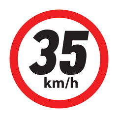 Speed limit 35km round road traffic icon sign flat style design vector illustration set isolated on white background. Circle standard road sign with number kmh in eps 10.