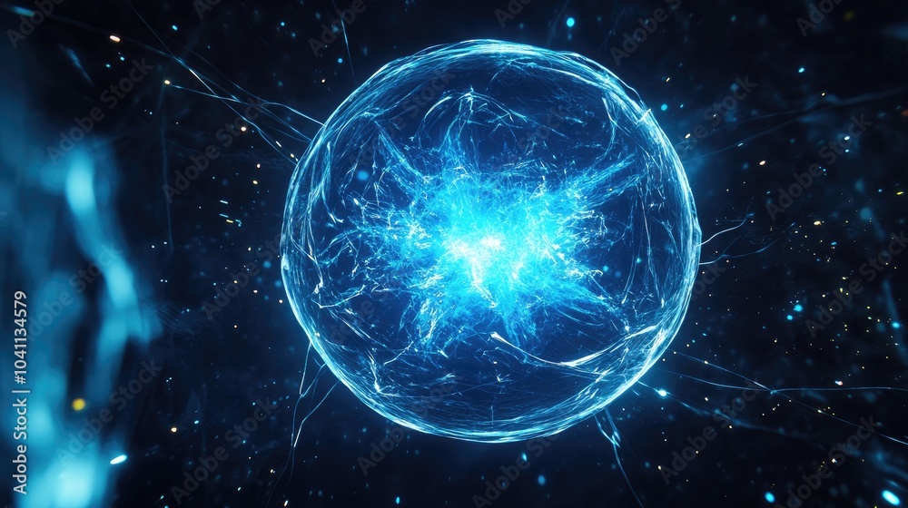 Poster 3d cartoon depiction of a blue glowing sphere shaped power source in space featuring fusion or fissi
