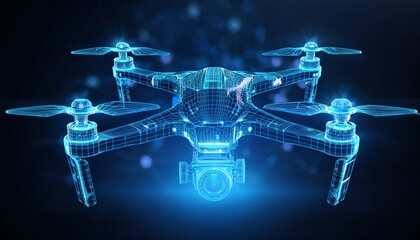 A futuristic holographic drone design illuminated in blue, showcasing advanced technology and intricate details.