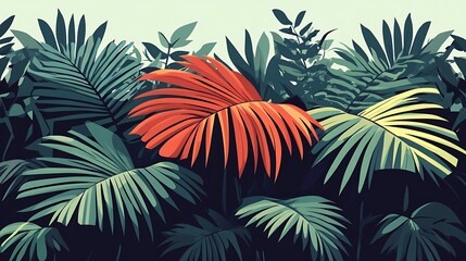 Flat-style illustration of tropical plants, large and bold palm leaves, vibrant colors of pink, teal, and lime, smooth and minimalistic design, abstract background, clean lines and simple shapes,