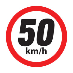 Speed limit 50km round road traffic icon sign flat style design vector illustration set isolated on white background. Circle standard road sign with number kmh in eps 10.
