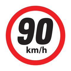 Speed limit 90km round road traffic icon sign flat style design vector illustration set isolated on white background. Circle standard road sign with number kmh in eps 10.