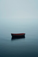 Naklejka premium A Single Rowboat Floating on a Calm, Misty Sea