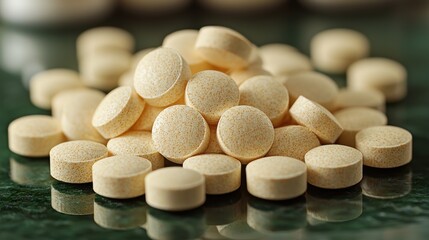Piled yellow tablets on a green surface, showcasing dietary supplements in a close-up view during daylight hours