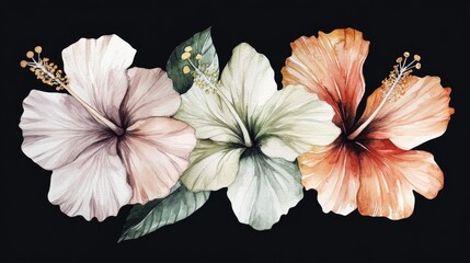 Fototapeta premium Watercolor illustration of diverse hibiscus tropical flowers in neutral white and green tones against a black background Floral design