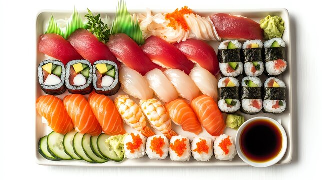 Assorted sushi platter with fresh fish, vegetables, and dipping sauce.