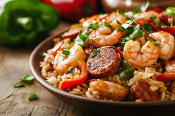 Fototapeta premium A Vibrant Plate Of Creole Jambalaya Food Dish With Shrimp, Sausage, And Colorful Bell Peppers, Garnished With Parsley And Served In A Rustic Bowl, Capturing The Dish's Rich Textures.
